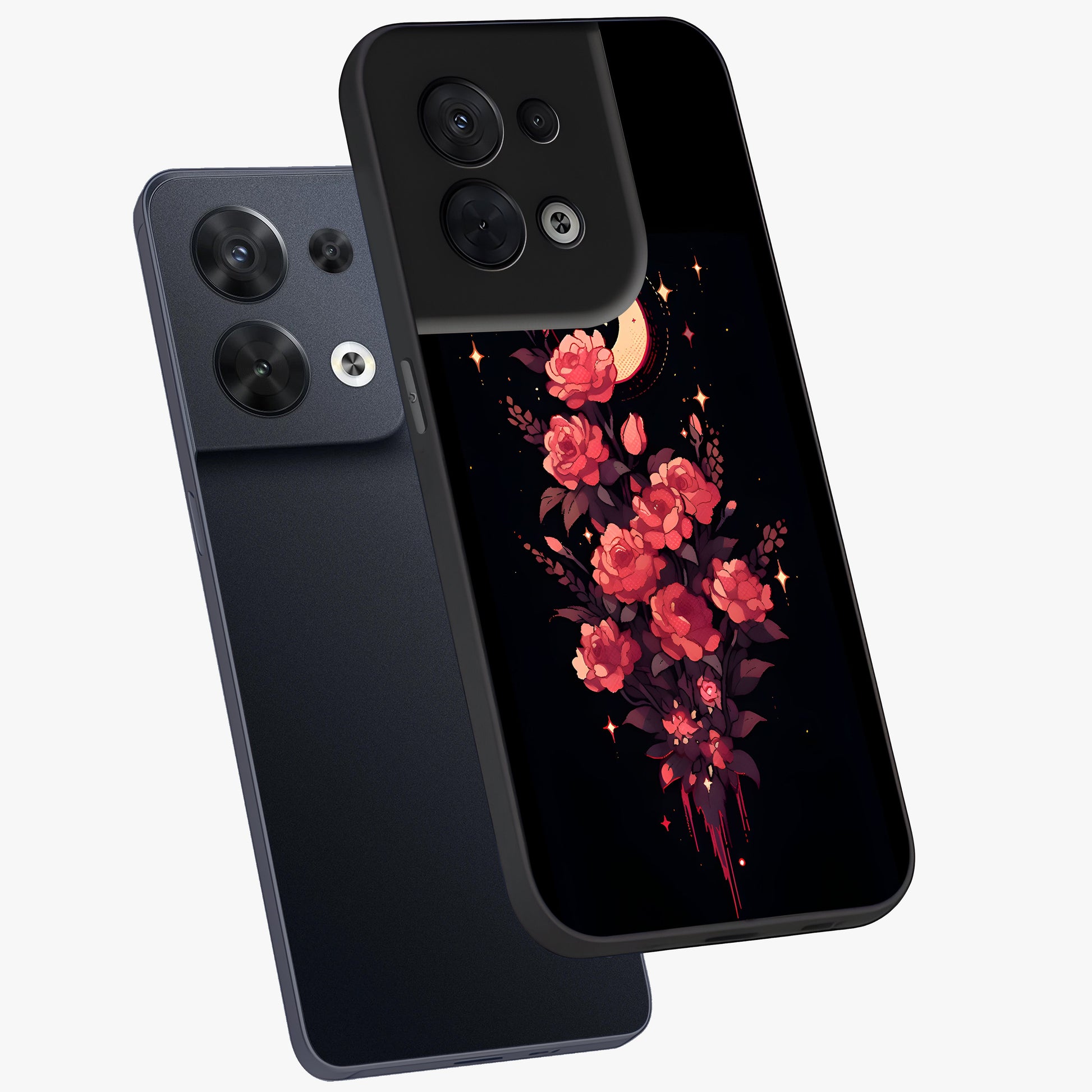 Moonlit Floral Elegance Glass Case displayed in angled mockup highlighting graceful flower design with soft moonlight aesthetic.
