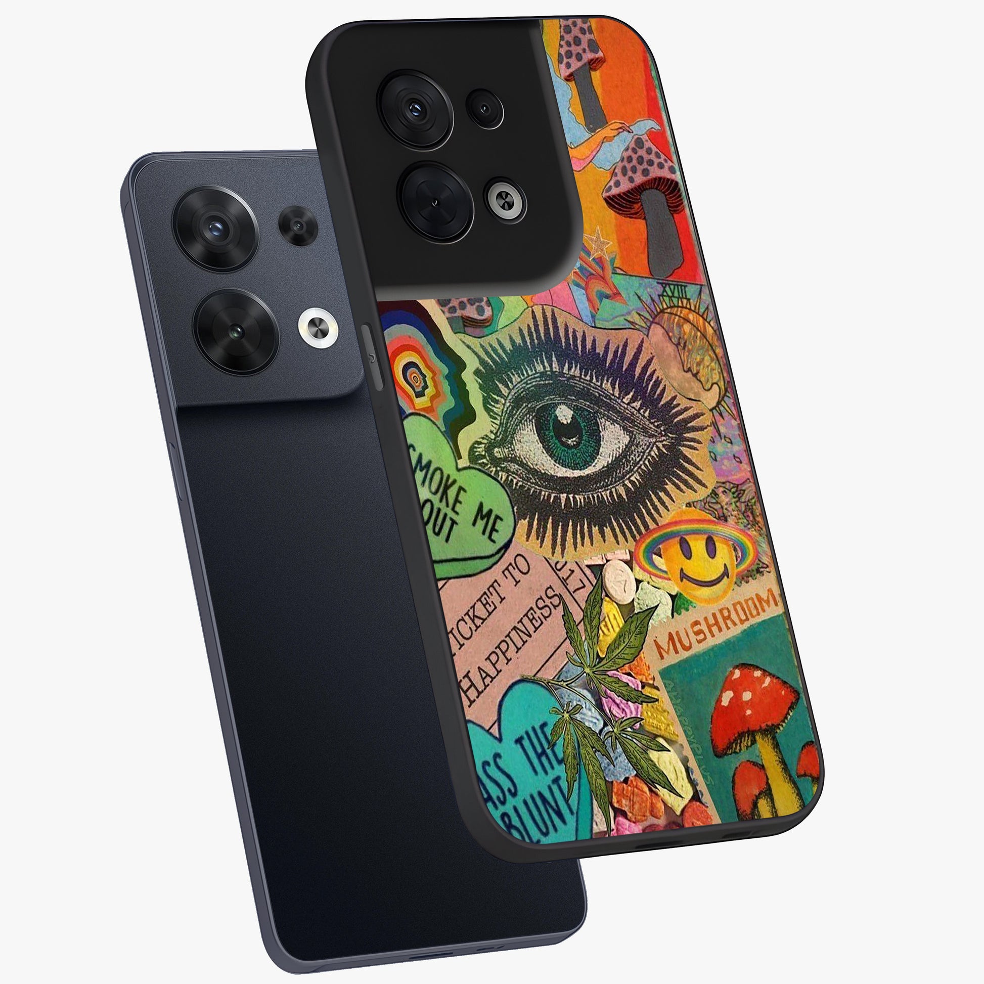 Mystic Eye Wonderland Glass Case displayed in angled mockup highlighting magical eye illustration with dreamy aesthetic.