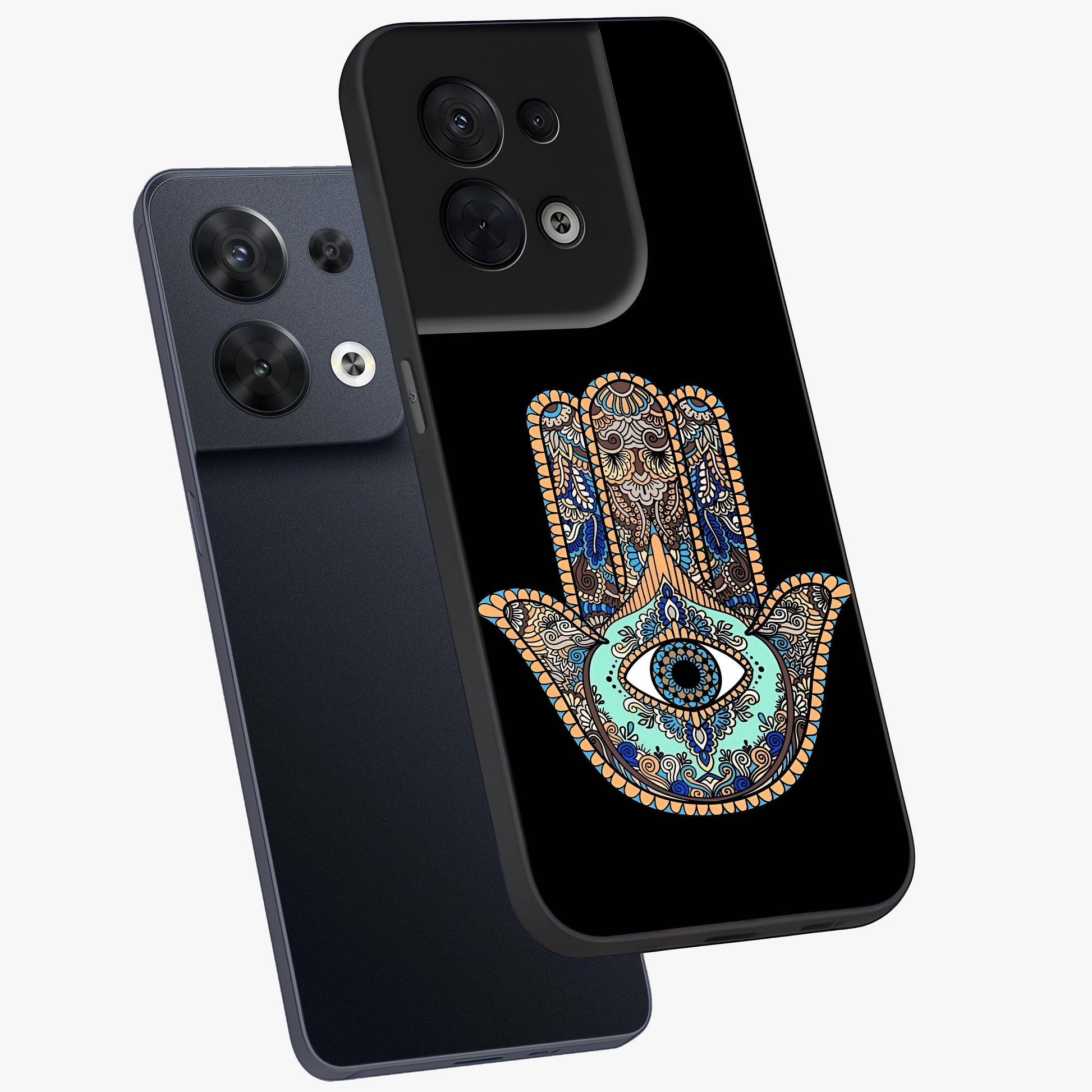 Mystic Hamsa Eye Glass Case displayed in angled mockup highlighting spiritual hamsa symbol with mystical aesthetic style.