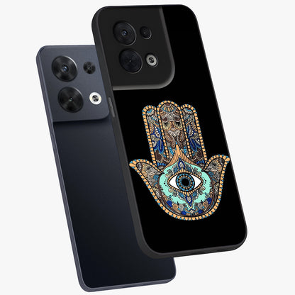 Mystic Hamsa Eye Glass Case displayed in angled mockup highlighting spiritual hamsa symbol with mystical aesthetic style.