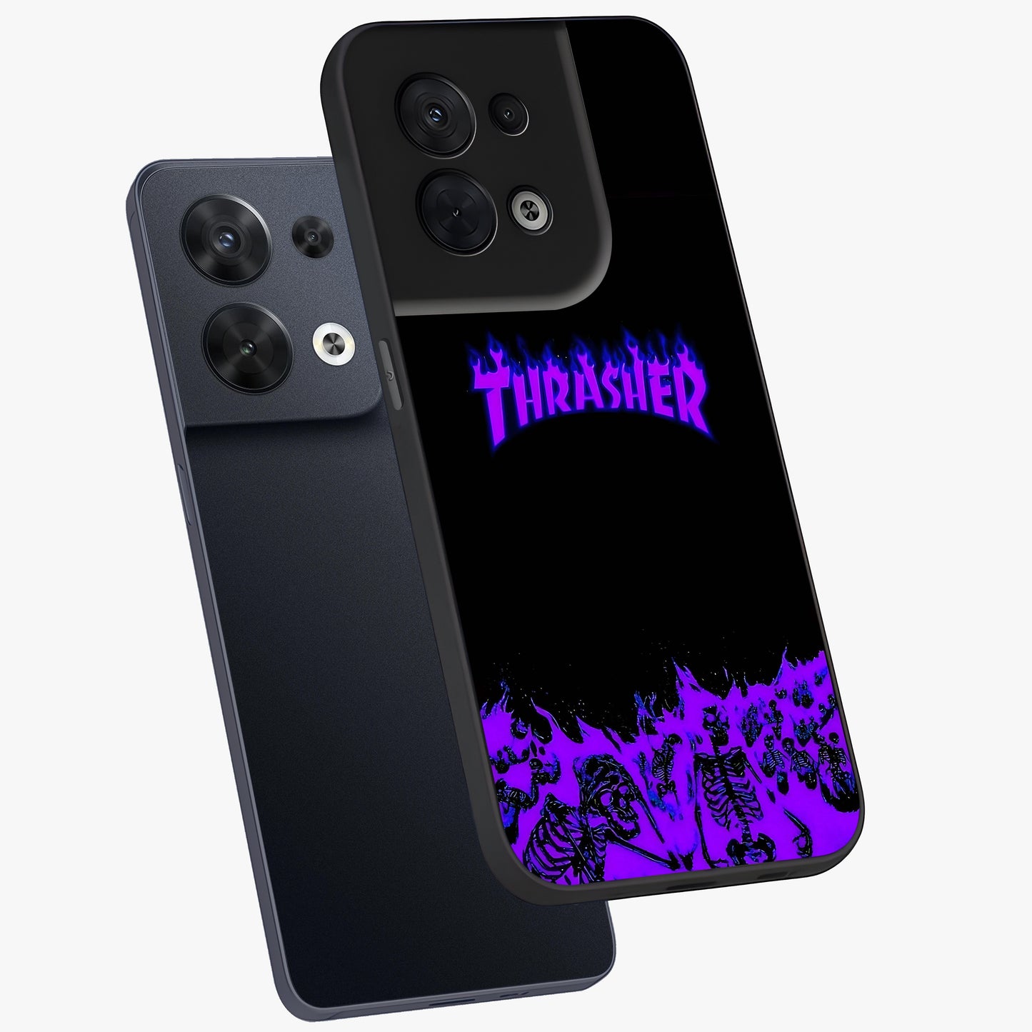 Neon Flame Riot Glass Case displayed in angled mockup highlighting glowing flame design with vibrant neon aesthetic.