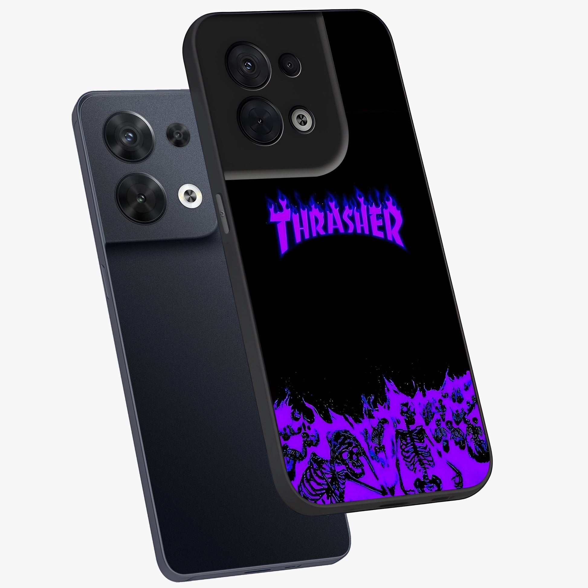 Neon Flame Riot Glass Case displayed in angled mockup highlighting glowing flame design with vibrant neon aesthetic.