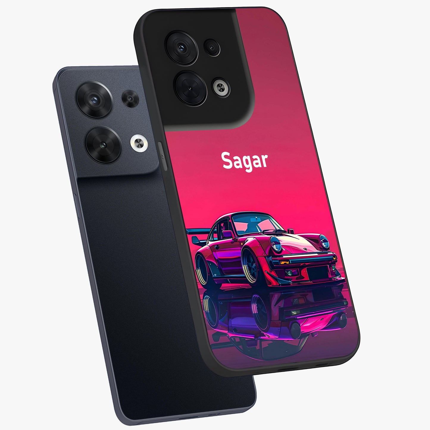 Neon Pink Porsche Glass Case displayed in angled mockup highlighting sleek neon pink car design with racing aesthetic.