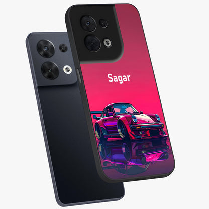 Neon Pink Porsche Glass Case displayed in angled mockup highlighting sleek neon pink car design with racing aesthetic.