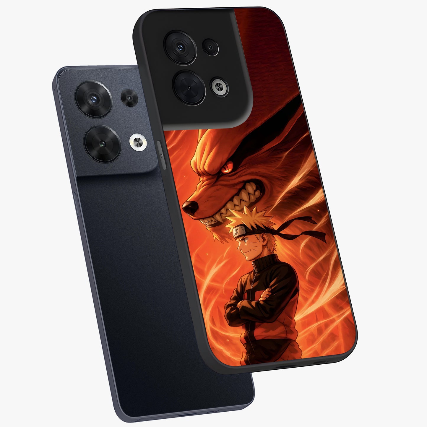 Nine Tails Legacy Glass Case displayed in angled mockup highlighting dynamic anime beast illustration with bold mystical aesthetic.