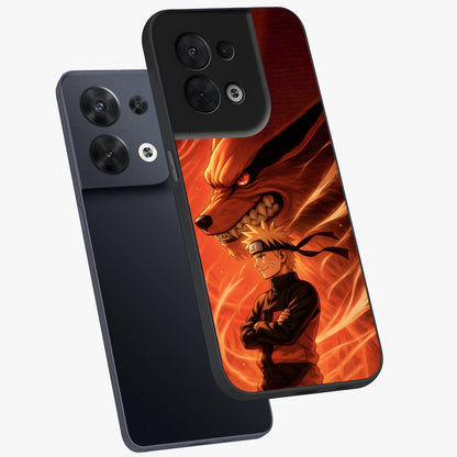 Nine Tails Legacy Glass Case displayed in angled mockup highlighting dynamic anime beast illustration with bold mystical aesthetic.