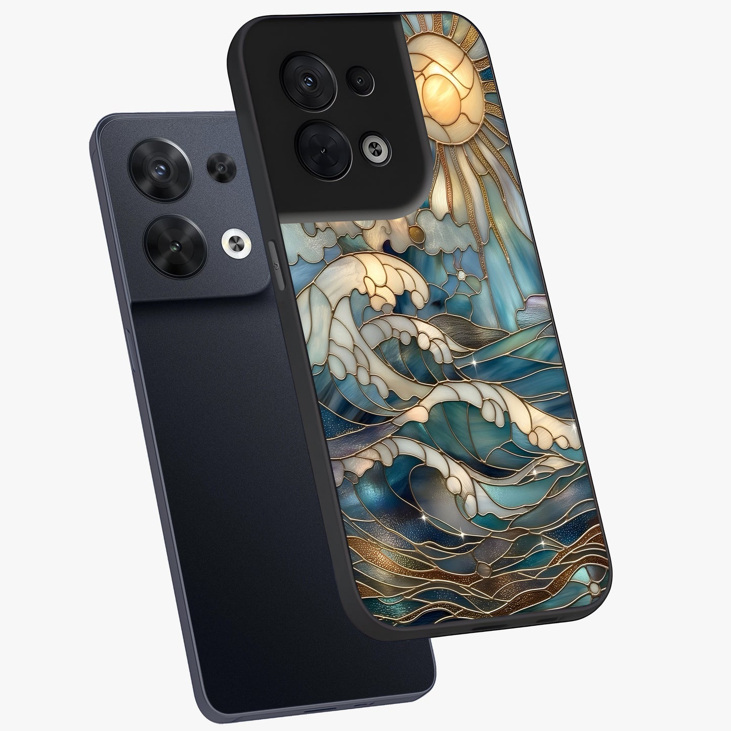 Oceanic Stained Printed Glass Case displayed in angled mockup highlighting colorful aquatic design with artistic aesthetic style.