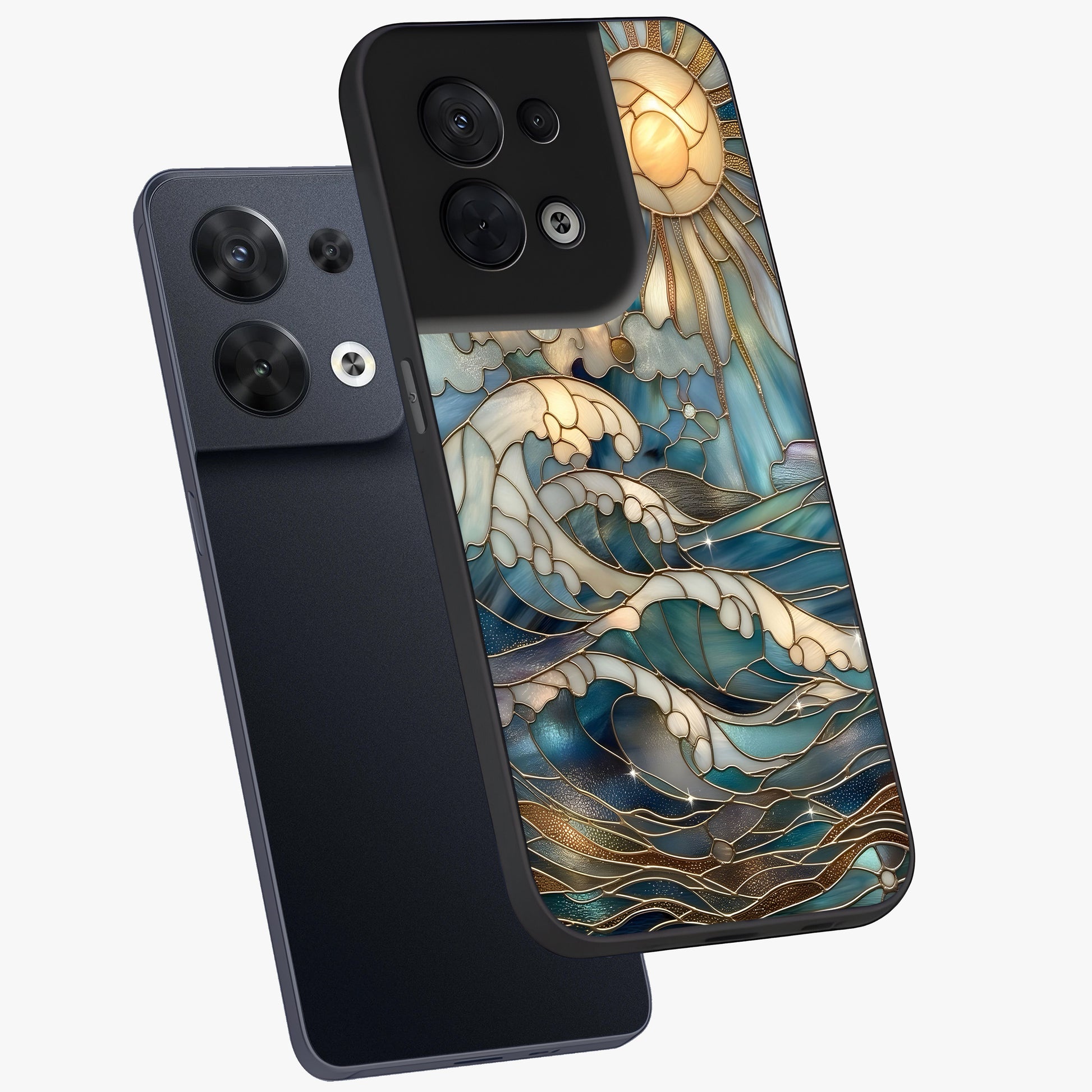 Oceanic Stained Printed Glass Case displayed in angled mockup highlighting colorful aquatic design with artistic aesthetic style.