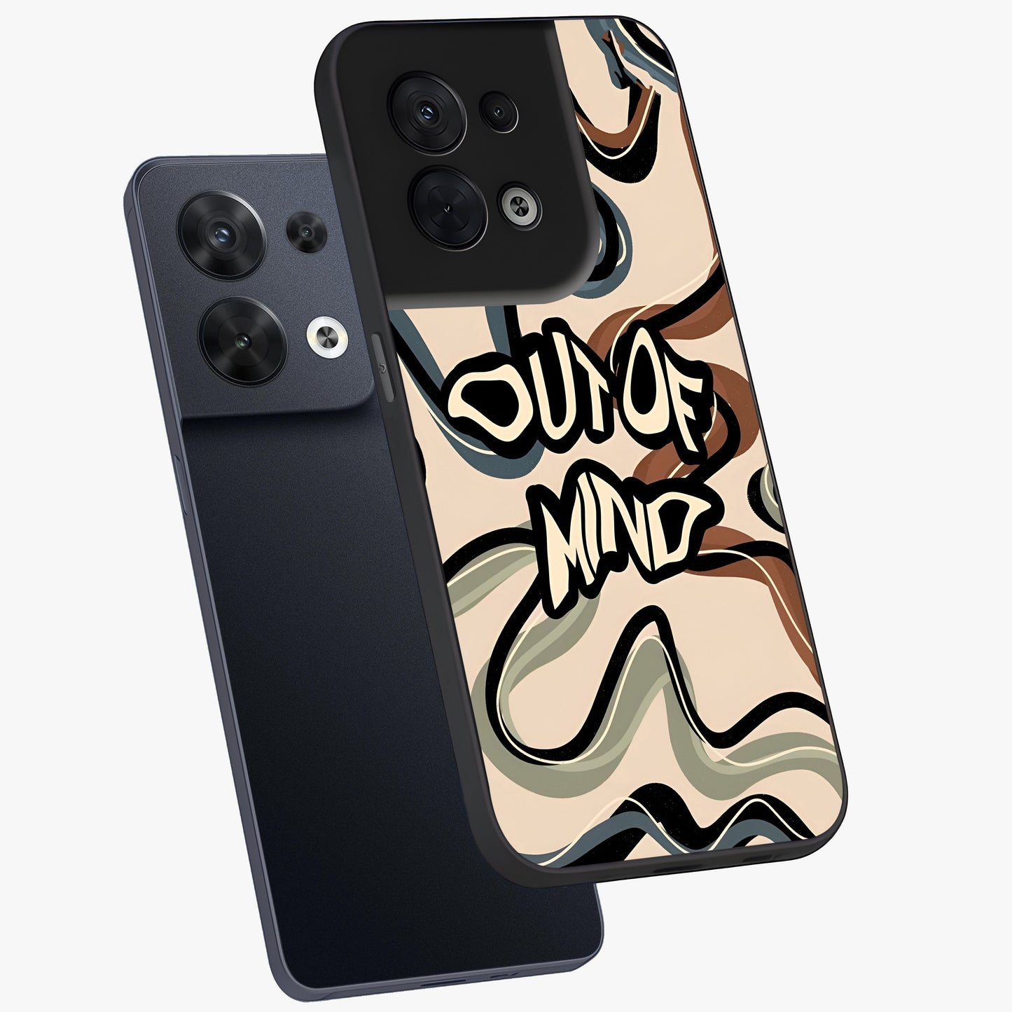 Out Of Mind Glass Case displayed in angled mockup highlighting bold statement design with modern artistic aesthetic.