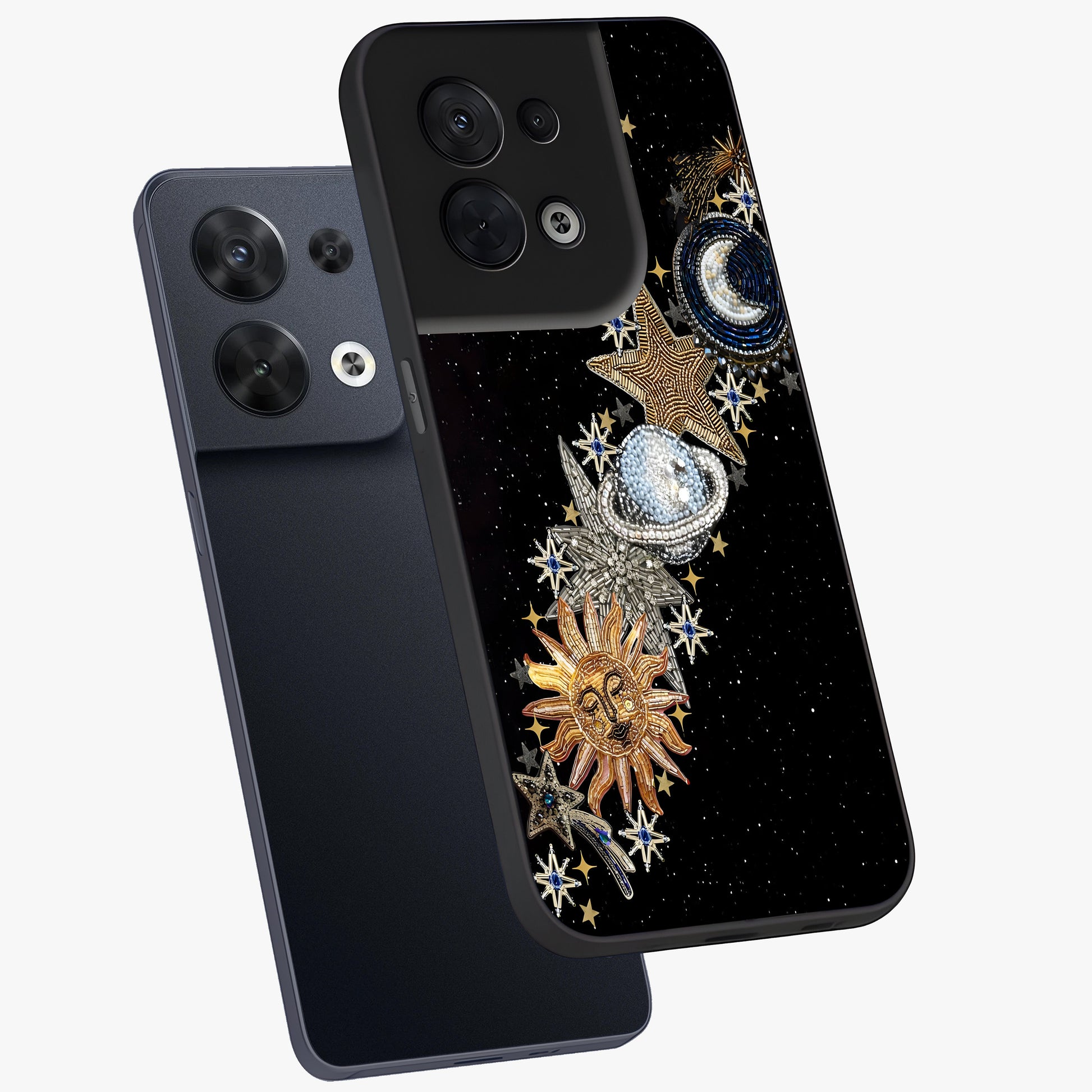 Pearls Universe Object Glass Case displayed in angled mockup highlighting celestial pearl design with dreamy aesthetic.