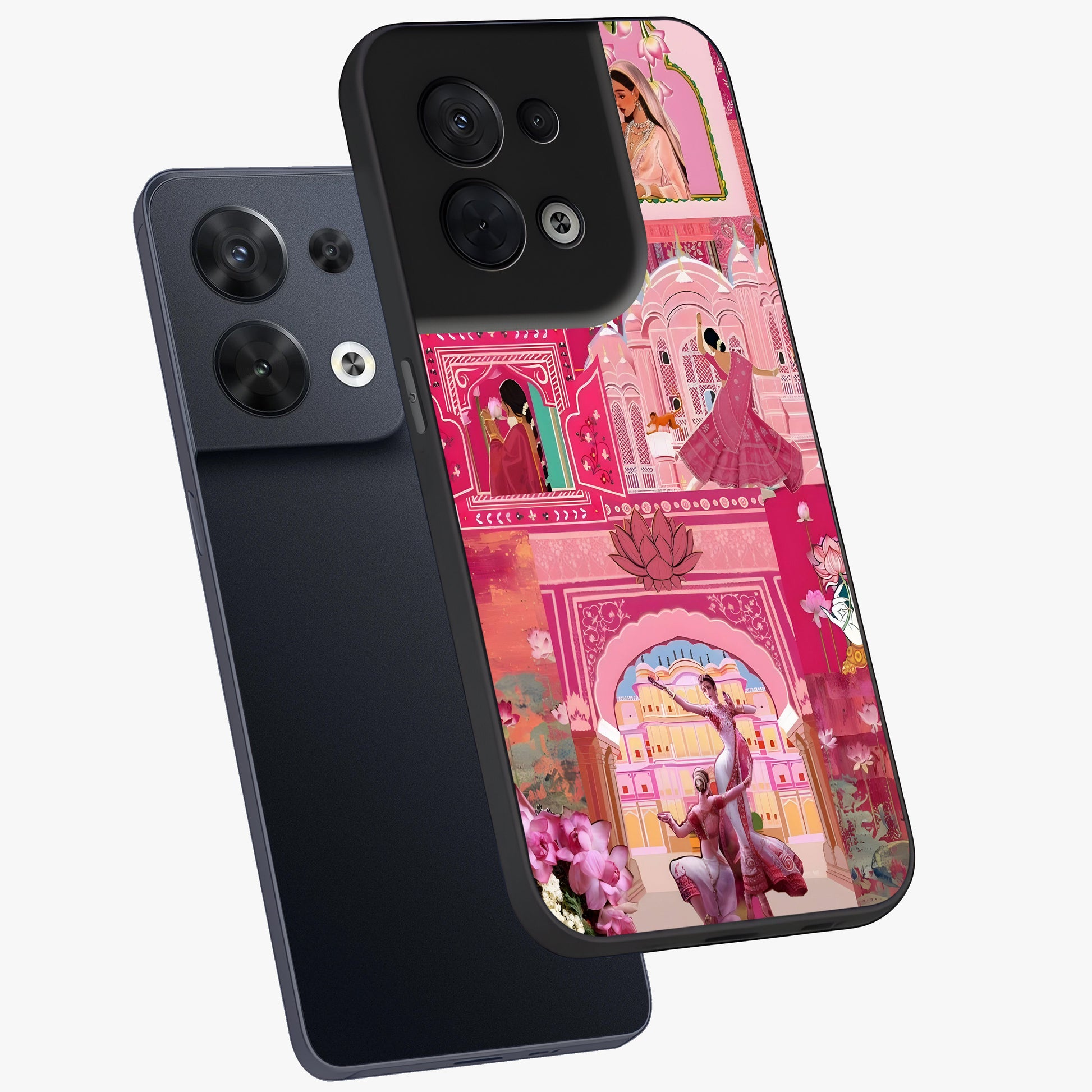 Pink Palace Muse Glass Case displayed in angled mockup highlighting dreamy palace illustration with soft pink aesthetic.
