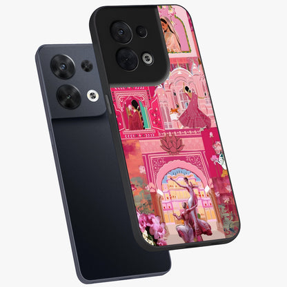 Pink Palace Muse Glass Case displayed in angled mockup highlighting dreamy palace illustration with soft pink aesthetic.