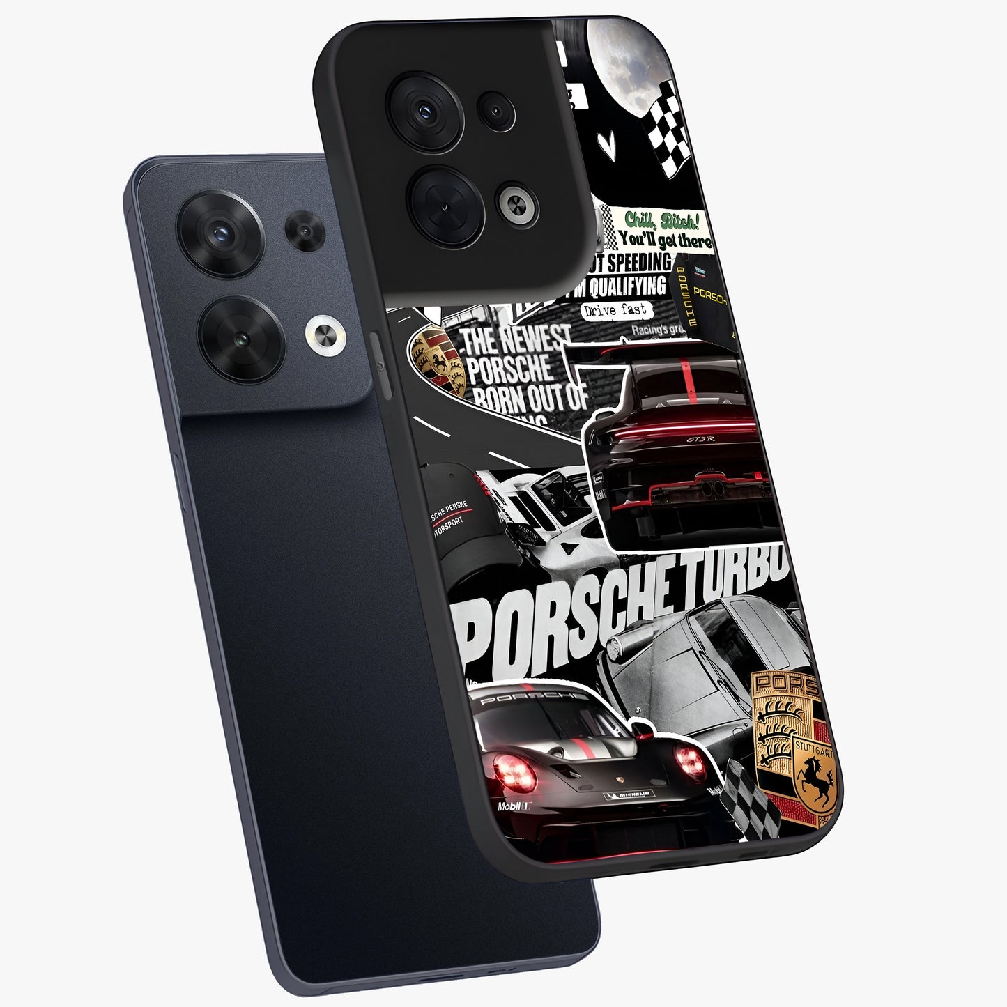Porsche Racing Collage Glass Case displayed in angled mockup highlighting dynamic automotive design with bold racing aesthetic.
