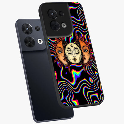 Psychedelic Sun Glass Case displayed in angled mockup highlighting vibrant abstract sun design with artistic aesthetic style.