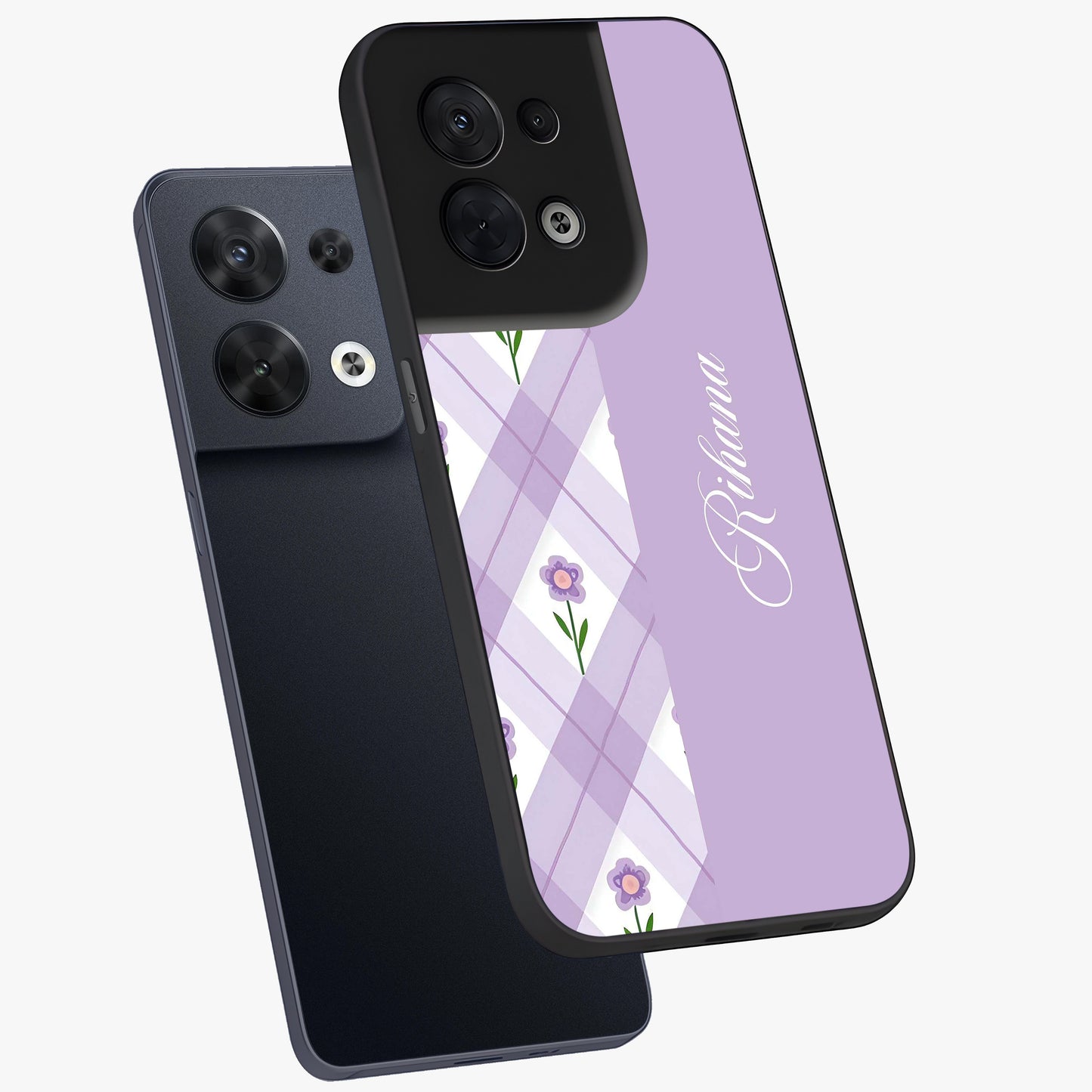 Purple Diamond Floral Glass Case displayed in angled mockup highlighting elegant purple flower design with decorative pattern.