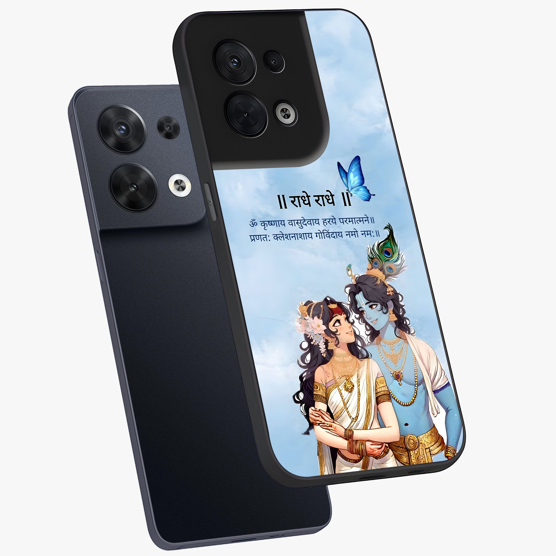 Radha Krishna Eternal Glass Case displayed in angled mockup highlighting divine Radha Krishna illustration with spiritual aesthetic.