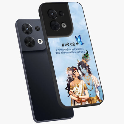 Radha Krishna Eternal Glass Case displayed in angled mockup highlighting divine Radha Krishna illustration with spiritual aesthetic.