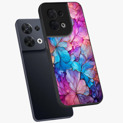 Radiant Floral Whirl Glass Case displayed in angled mockup highlighting vibrant flower pattern with dynamic artistic aesthetic.