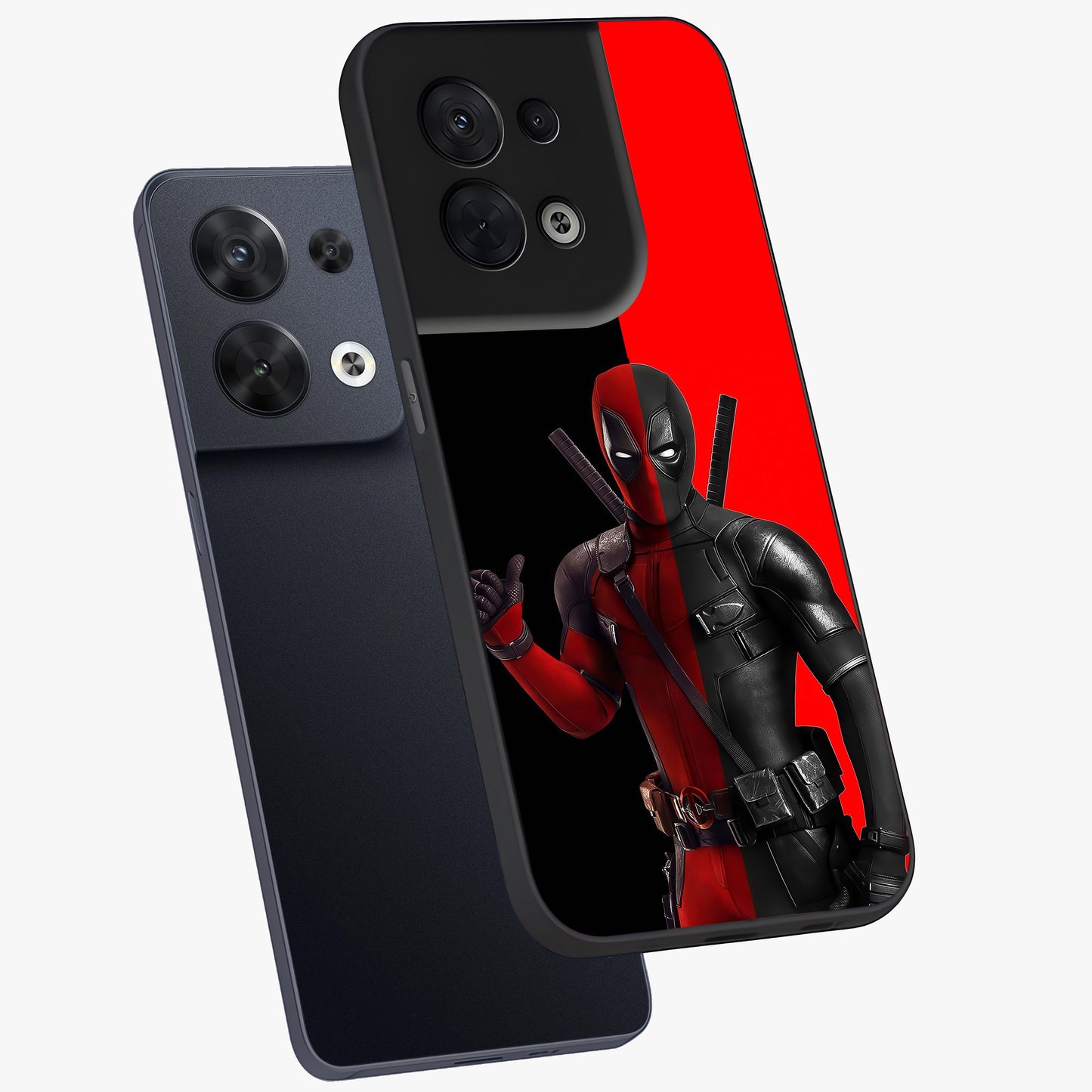 Red & Black Deadpool Theme Glass Case displayed in angled mockup highlighting vibrant superhero style illustration with action aesthetic.