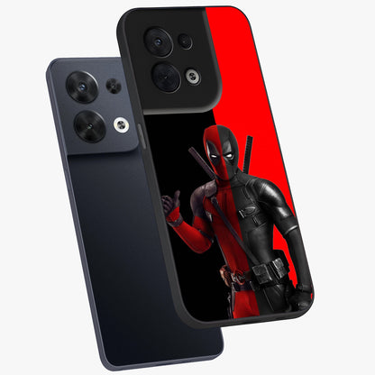 Red & Black Deadpool Theme Glass Case displayed in angled mockup highlighting vibrant superhero style illustration with action aesthetic.