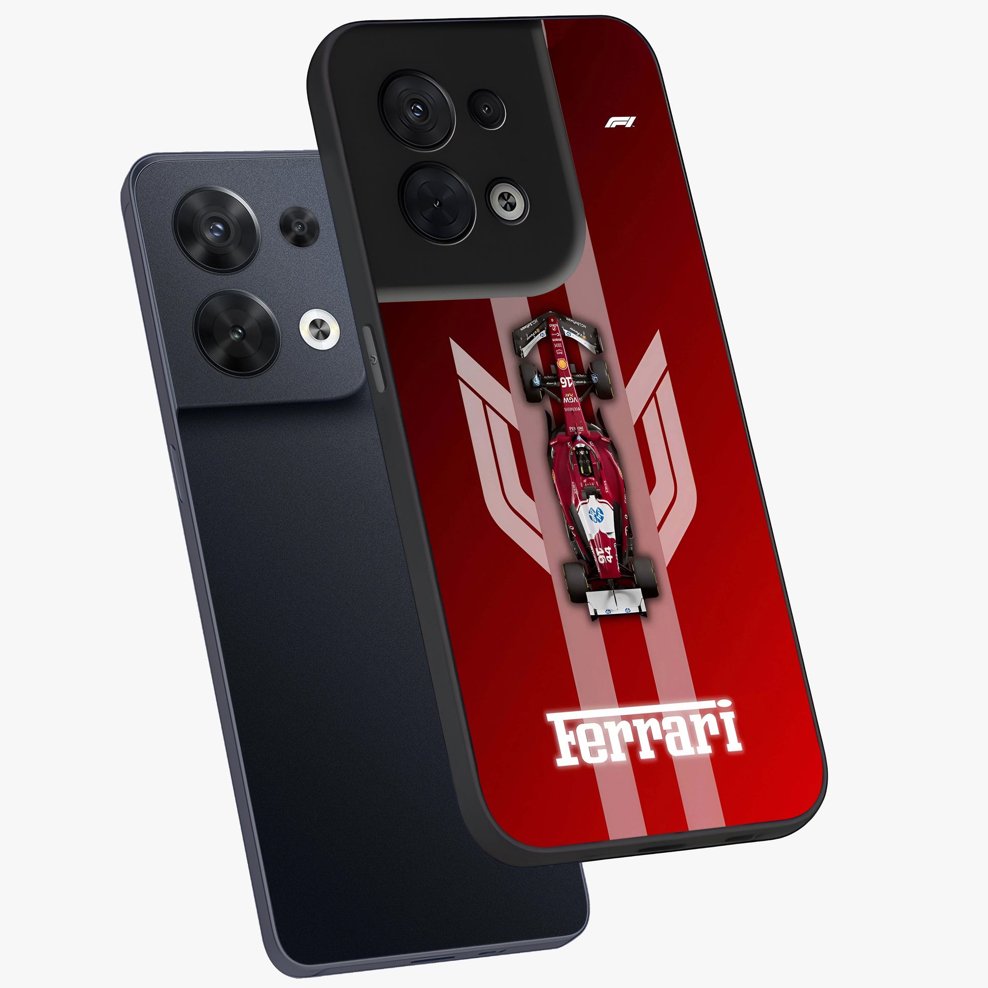 Red Ferrari F1 Vertical Glass Case displayed in angled mockup highlighting high speed racing design with bold automotive aesthetic.