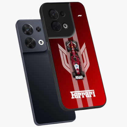 Red Ferrari F1 Vertical Glass Case displayed in angled mockup highlighting high speed racing design with bold automotive aesthetic.