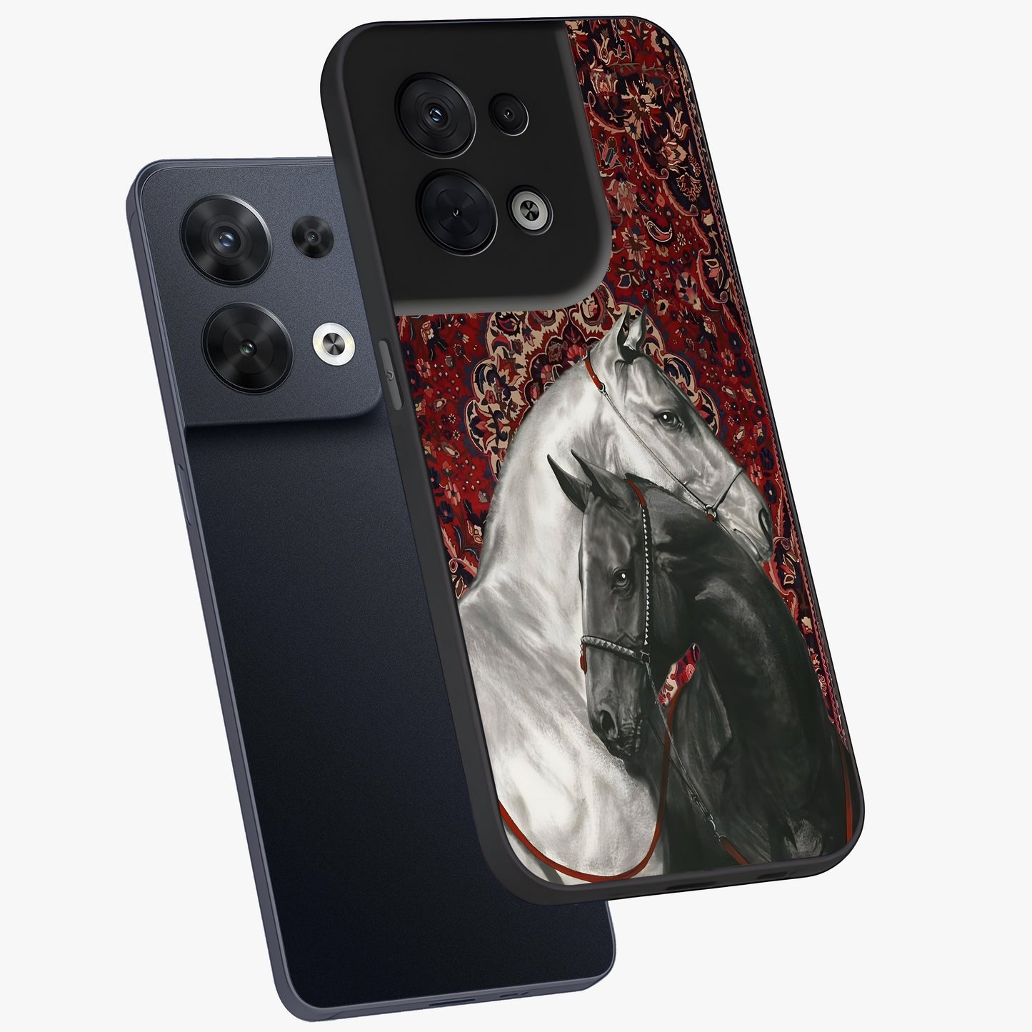 Regal Stallion Tapestry Glass Case displayed in angled mockup highlighting royal stallion design with decorative heritage aesthetic.
