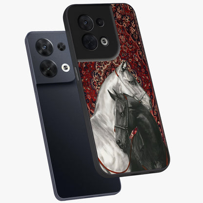 Regal Stallion Tapestry Glass Case displayed in angled mockup highlighting royal stallion design with decorative heritage aesthetic.