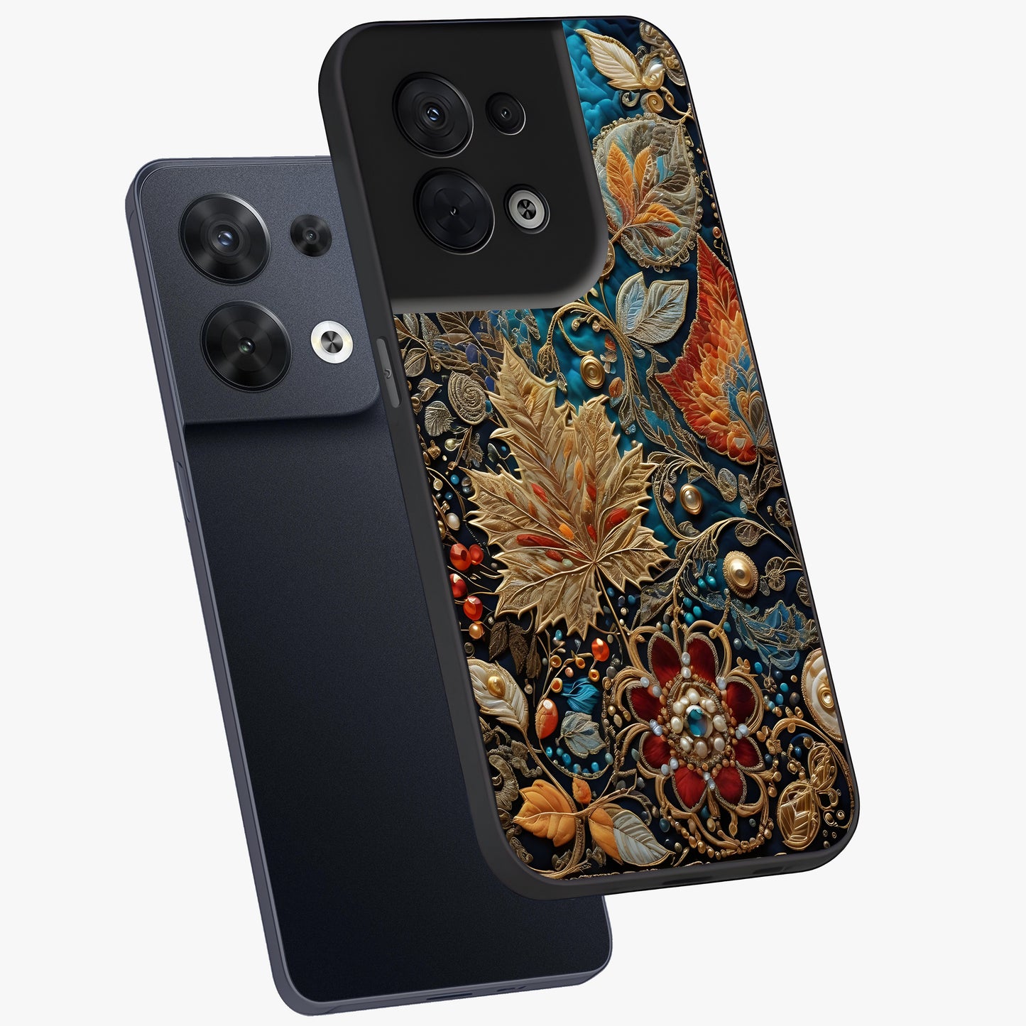 Royal Jewel Garden Glass Case displayed in angled mockup highlighting vibrant jewel inspired floral design with elegant aesthetic.
