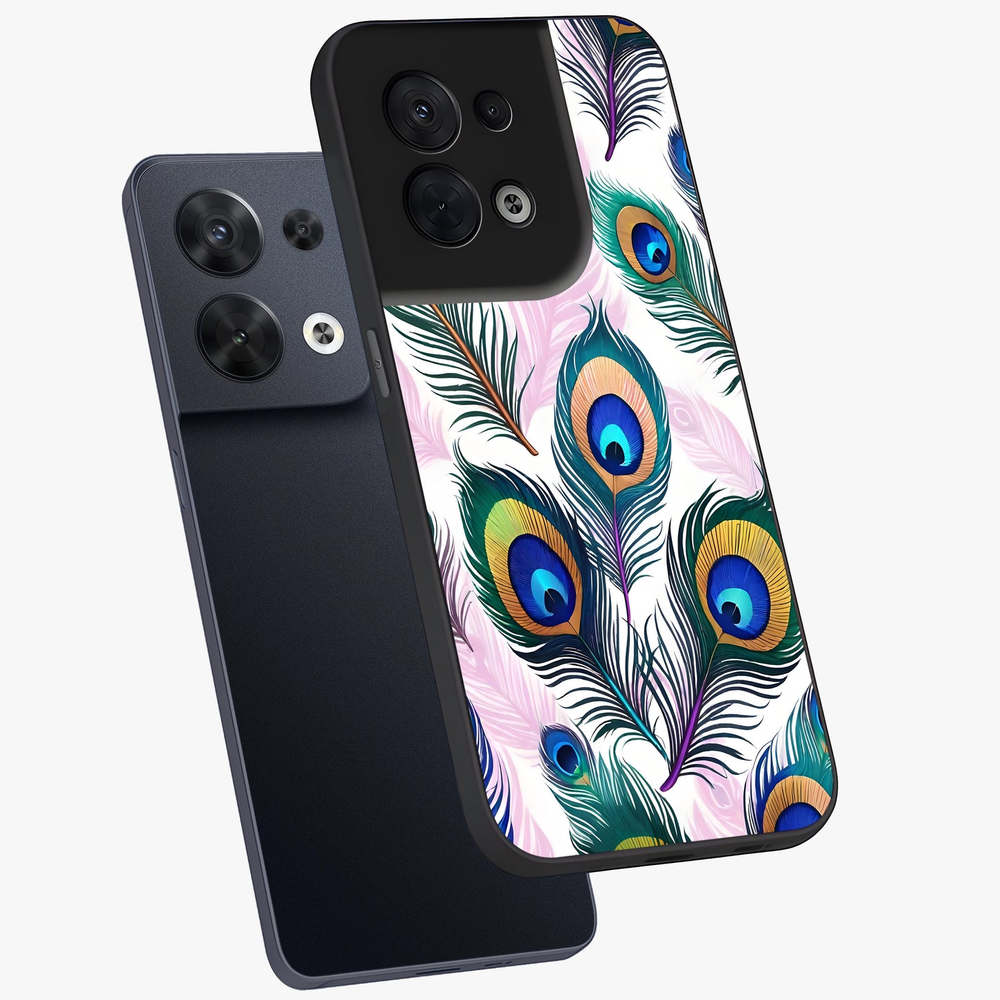 Royal Peacock Feathers Glass Case displayed in angled mockup highlighting vibrant feather pattern with regal aesthetic style.