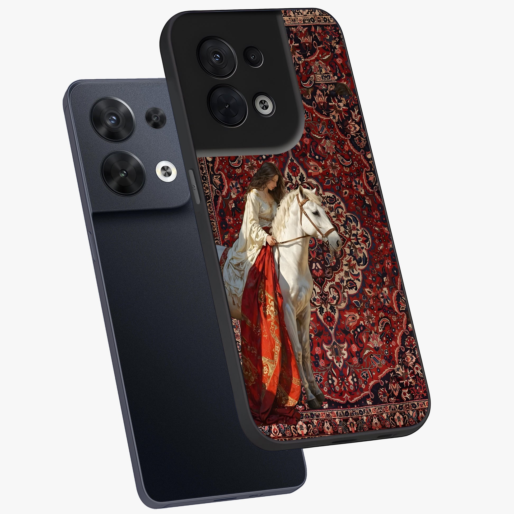 Royal Rider Tapestry Glass Case displayed in angled mockup highlighting traditional tapestry design with royal heritage aesthetic.