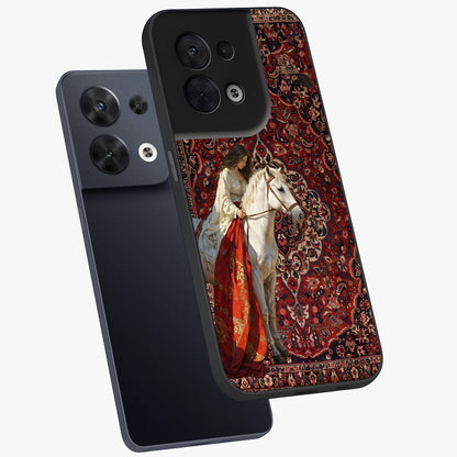 Royal Rider Tapestry Glass Case displayed in angled mockup highlighting traditional tapestry design with royal heritage aesthetic.