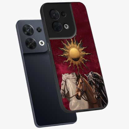 Solar Riders Glass Case displayed in angled mockup highlighting powerful rider illustration with radiant solar aesthetic.