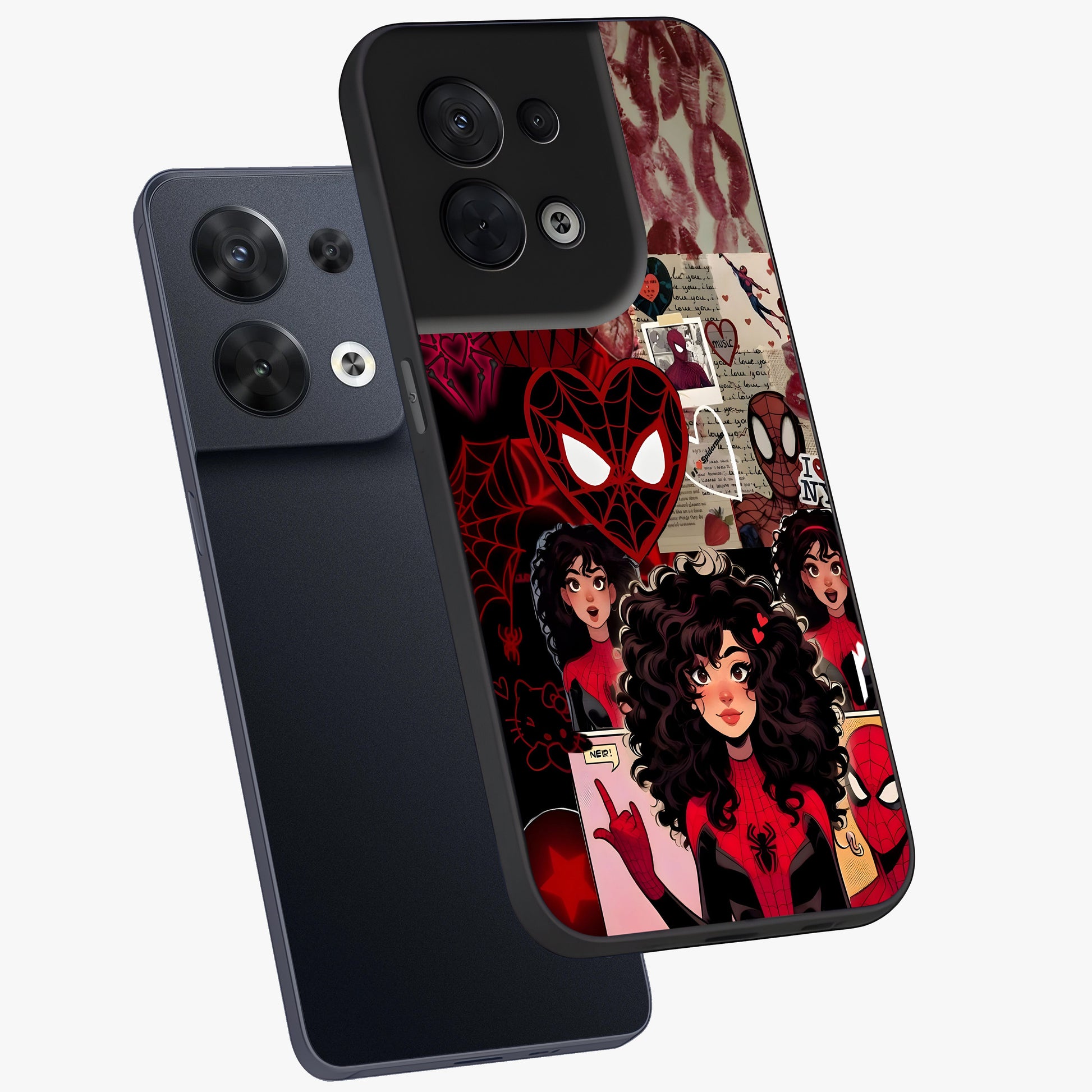 Spider Love Story Glass Case displayed in angled mockup highlighting expressive comic inspired design with playful aesthetic.