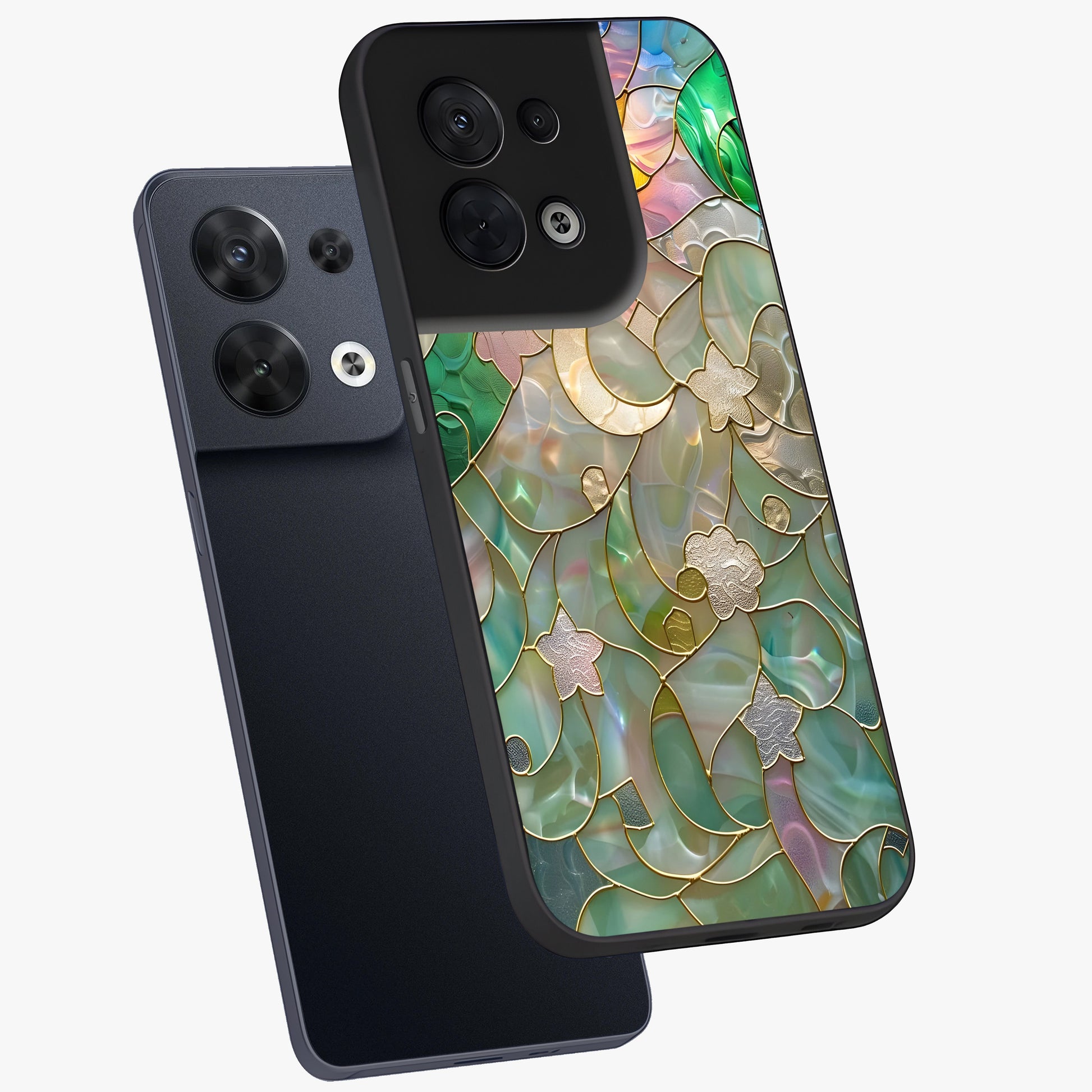 Stained Sunrise Glow Glass Case displayed in angled mockup highlighting radiant sunrise design with artistic aesthetic style.