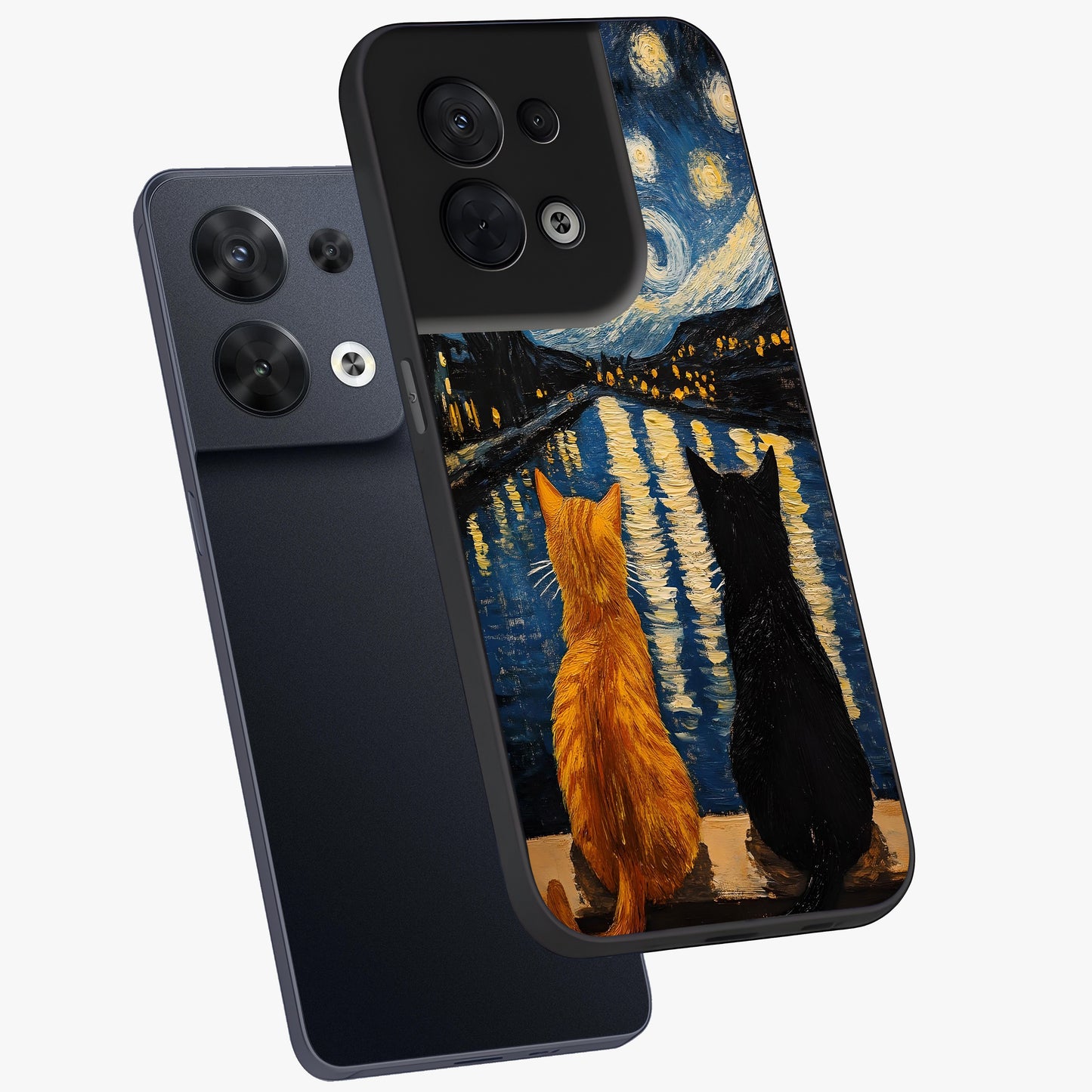 Starry River Cats Glass Case displayed in angled mockup highlighting charming feline illustration with dreamy night aesthetic.