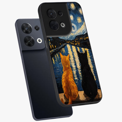 Starry River Cats Glass Case displayed in angled mockup highlighting charming feline illustration with dreamy night aesthetic.
