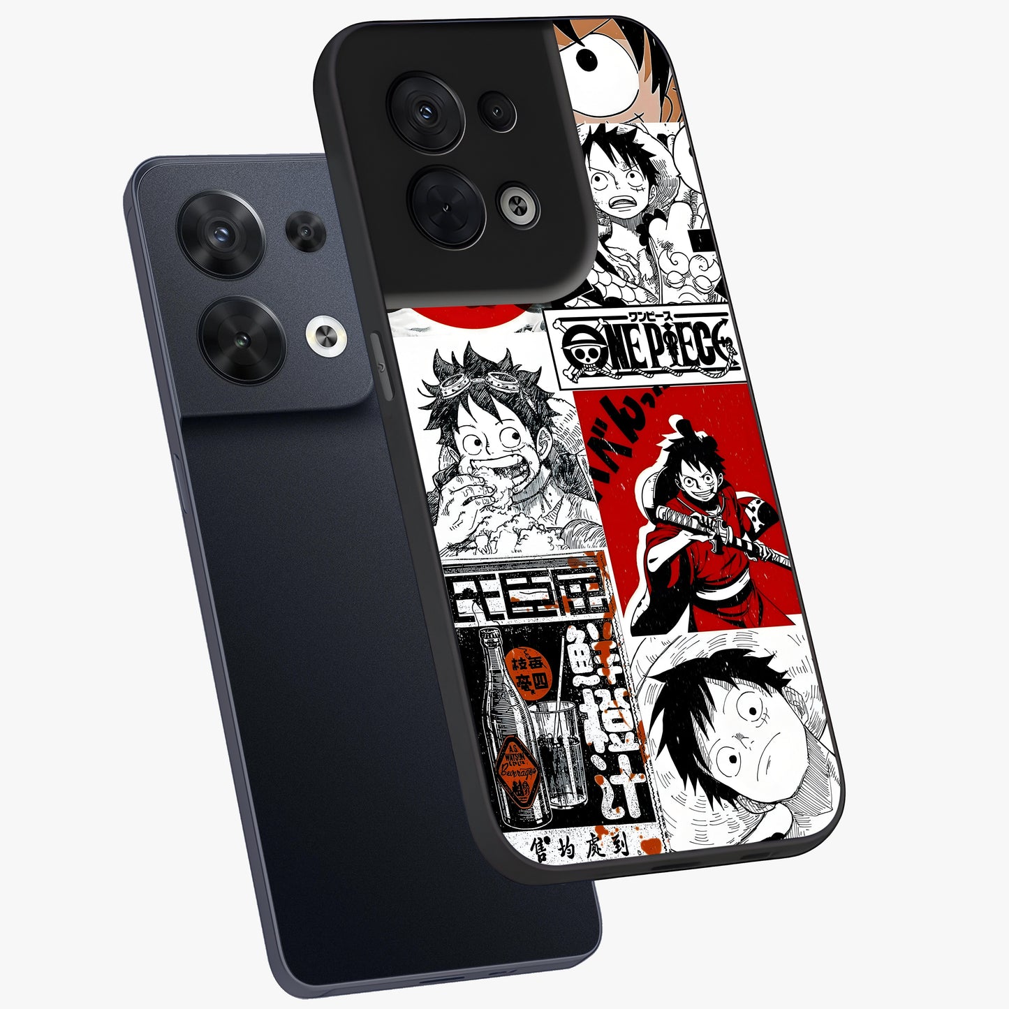 Strawhat Chaos Panels Glass Case displayed in angled mockup highlighting vibrant anime collage design with action aesthetic.