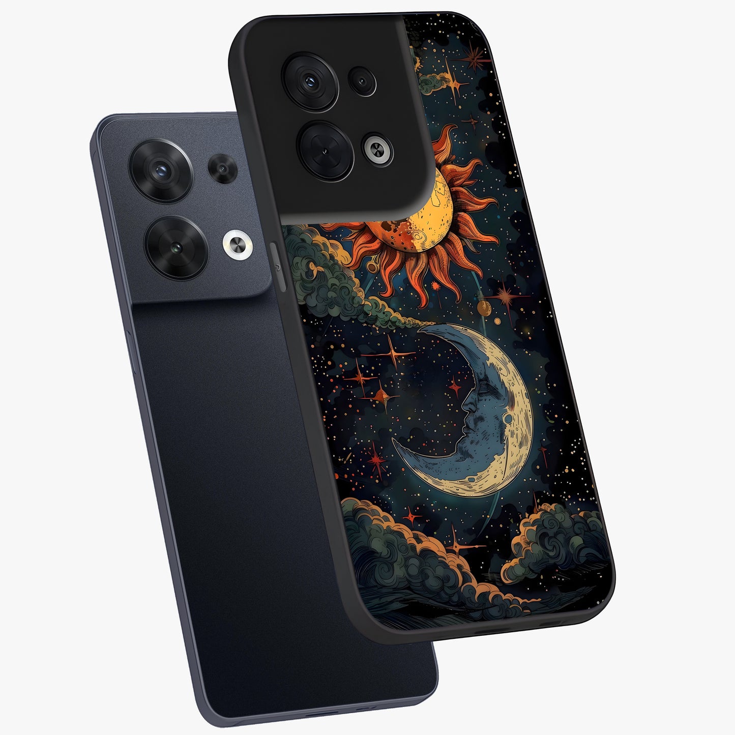 Sun And Moon Magic Design Glass Case displayed in angled mockup highlighting celestial design with magical cosmic aesthetic.