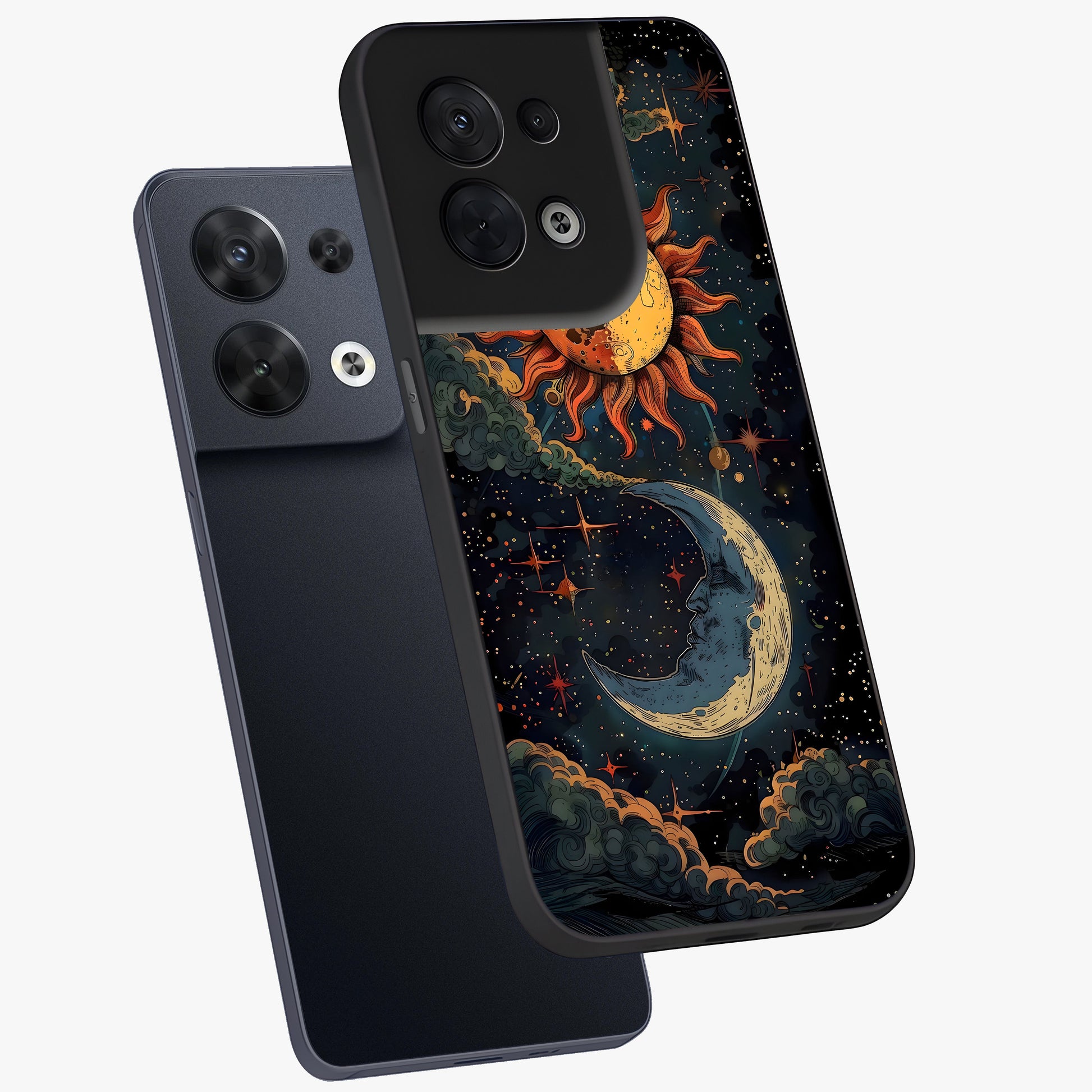 Sun And Moon Magic Design Glass Case displayed in angled mockup highlighting celestial design with magical cosmic aesthetic.