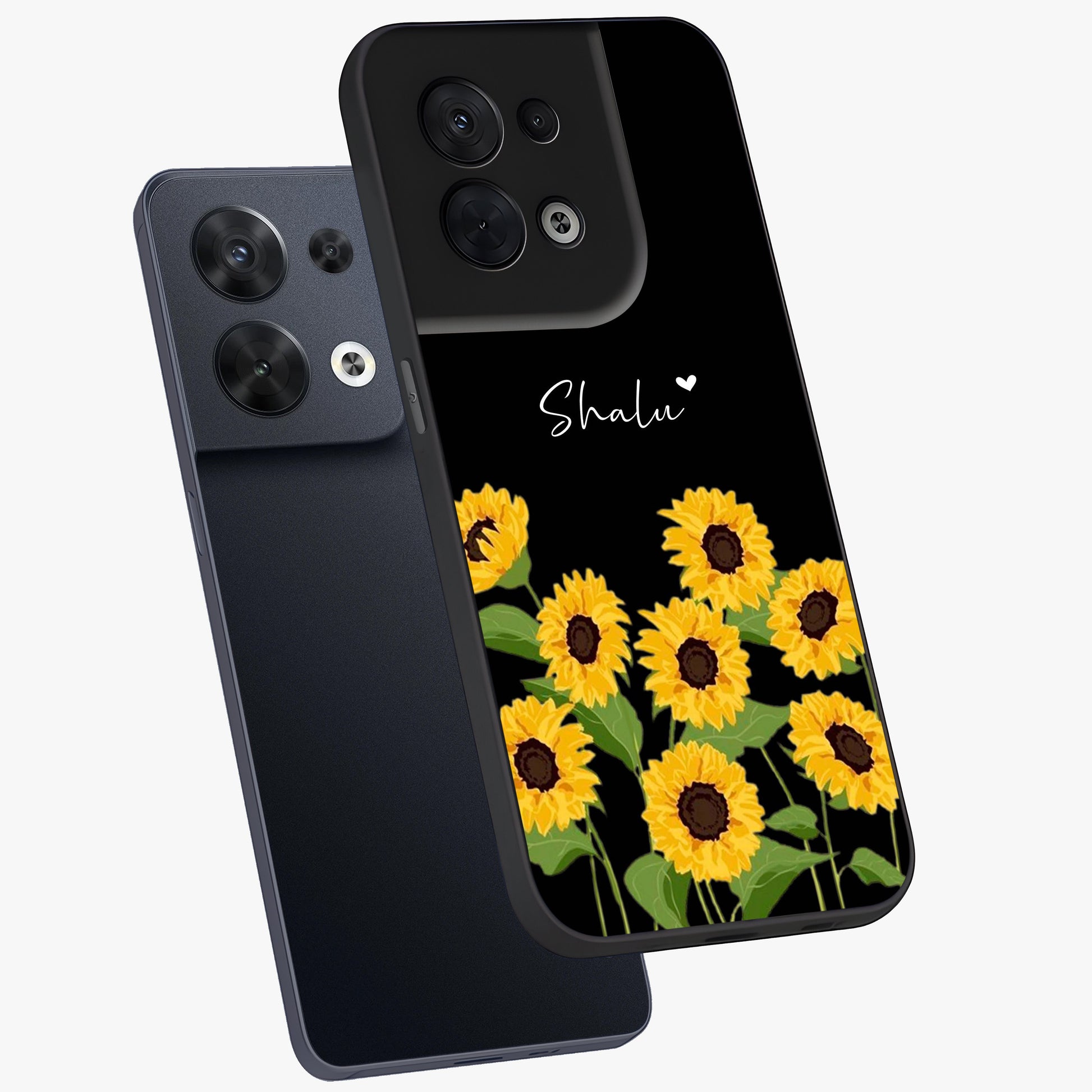 Sunflower Chic Mood Custom Name Glass Case displayed in angled mockup highlighting vibrant sunflower design with custom name feature.