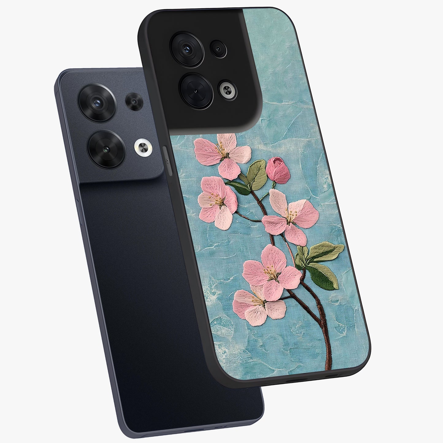 Threaded Blossom Breeze Glass Case displayed in angled mockup highlighting elegant floral design with soft aesthetic style.