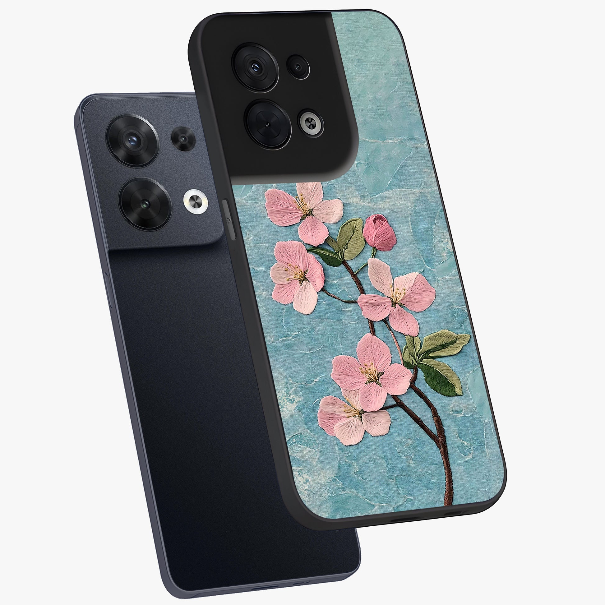 Threaded Blossom Breeze Glass Case displayed in angled mockup highlighting elegant floral design with soft aesthetic style.