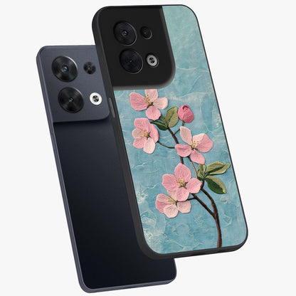 Threaded Blossom Breeze Glass Case displayed in angled mockup highlighting elegant floral design with soft aesthetic style.