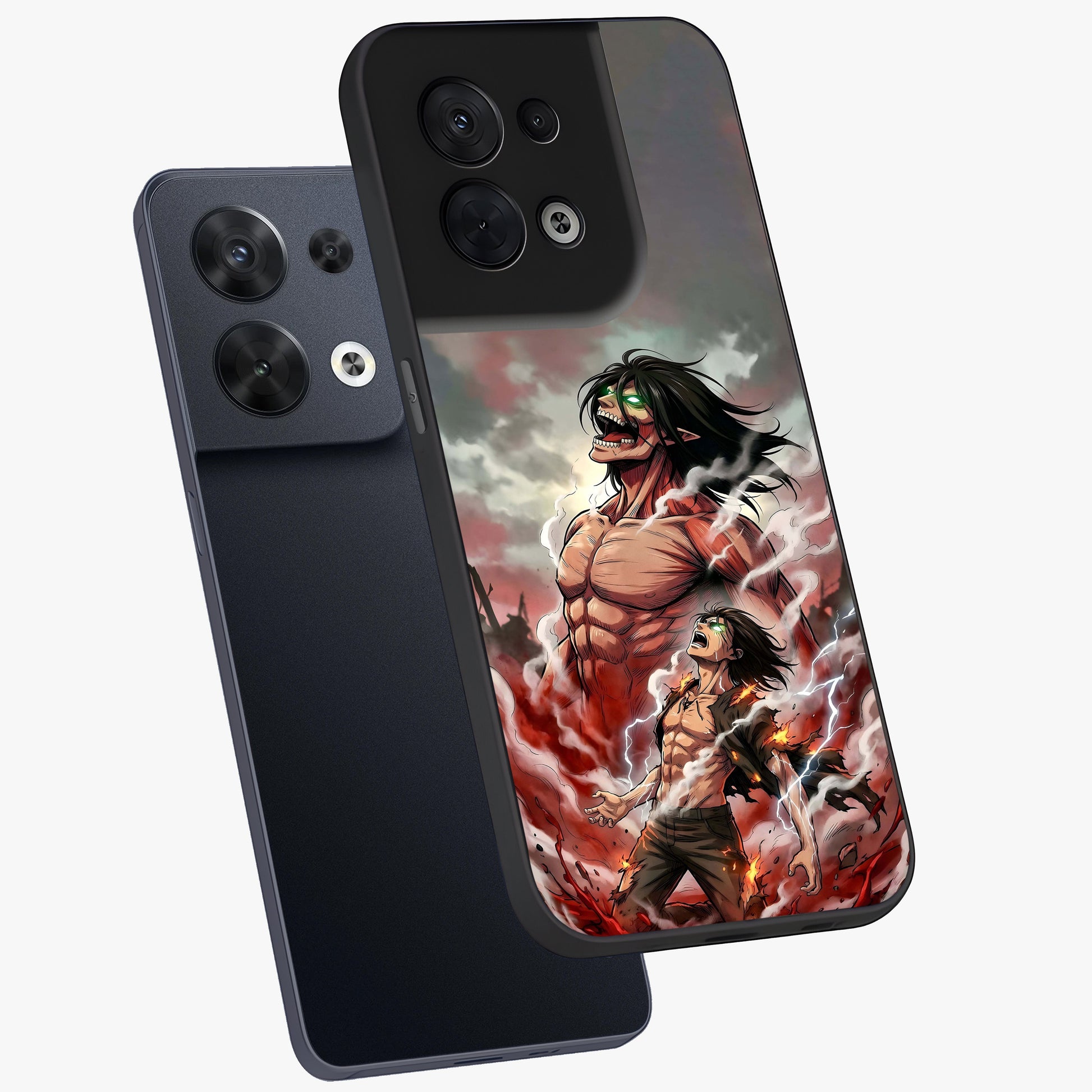 Titan Awakening Fury Glass Case displayed in angled mockup highlighting dramatic giant warrior design with bold anime aesthetic.