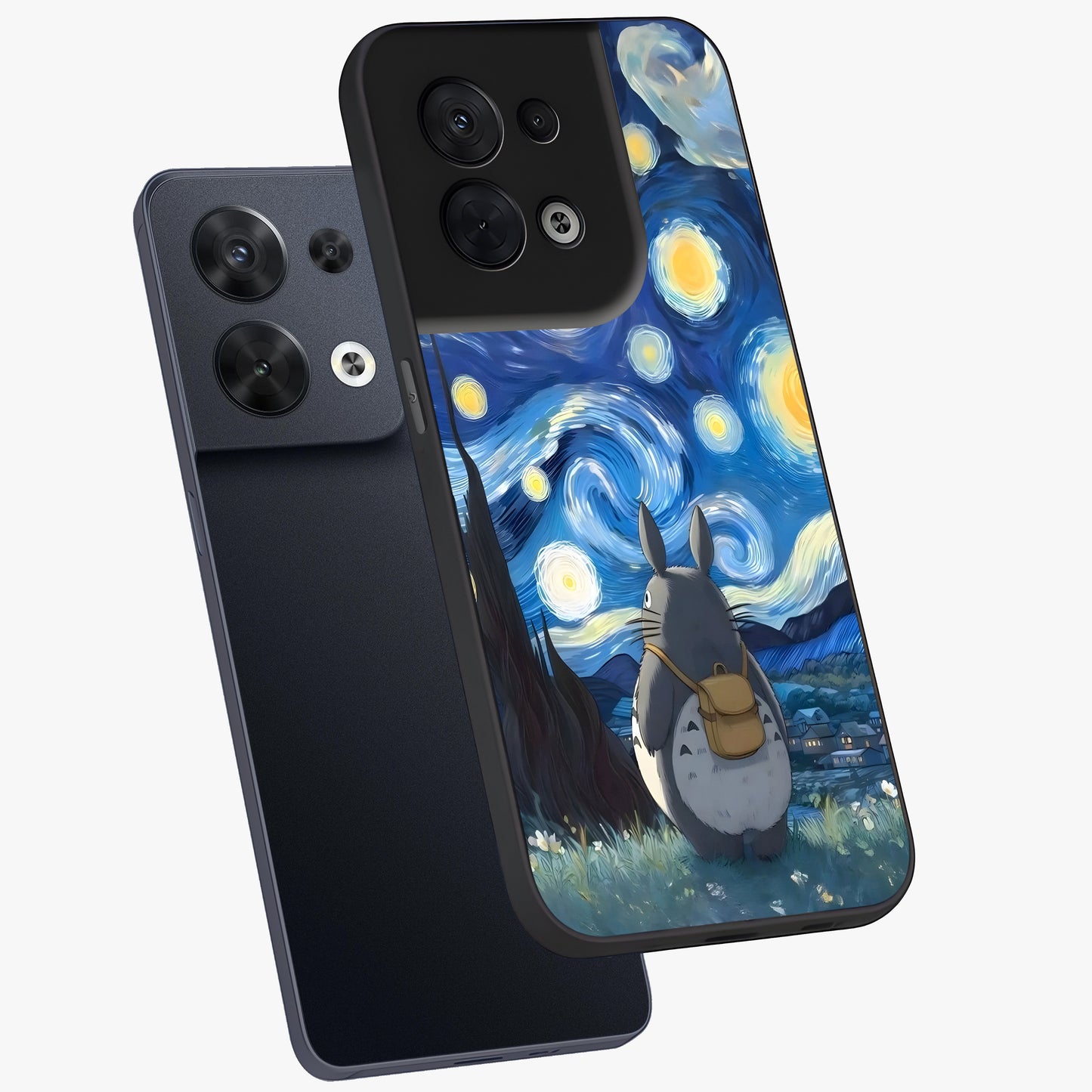Totoro In Van Gogh Art Glass Case displayed in angled mockup highlighting artistic swirling sky design with playful animation aesthetic.