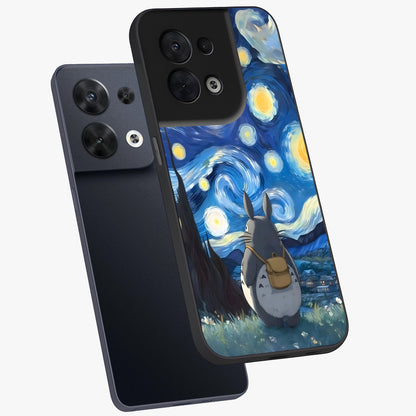 Totoro In Van Gogh Art Glass Case displayed in angled mockup highlighting artistic swirling sky design with playful animation aesthetic.