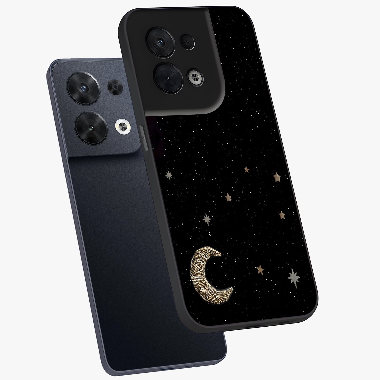 Twinkle Star With Half Moon Glass Case displayed in angled mockup highlighting celestial moon and star design with magical aesthetic.