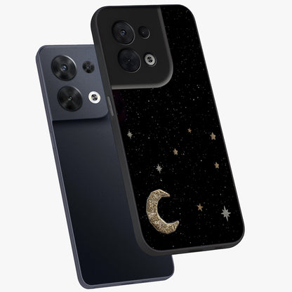 Twinkle Star With Half Moon Glass Case displayed in angled mockup highlighting celestial moon and star design with magical aesthetic.