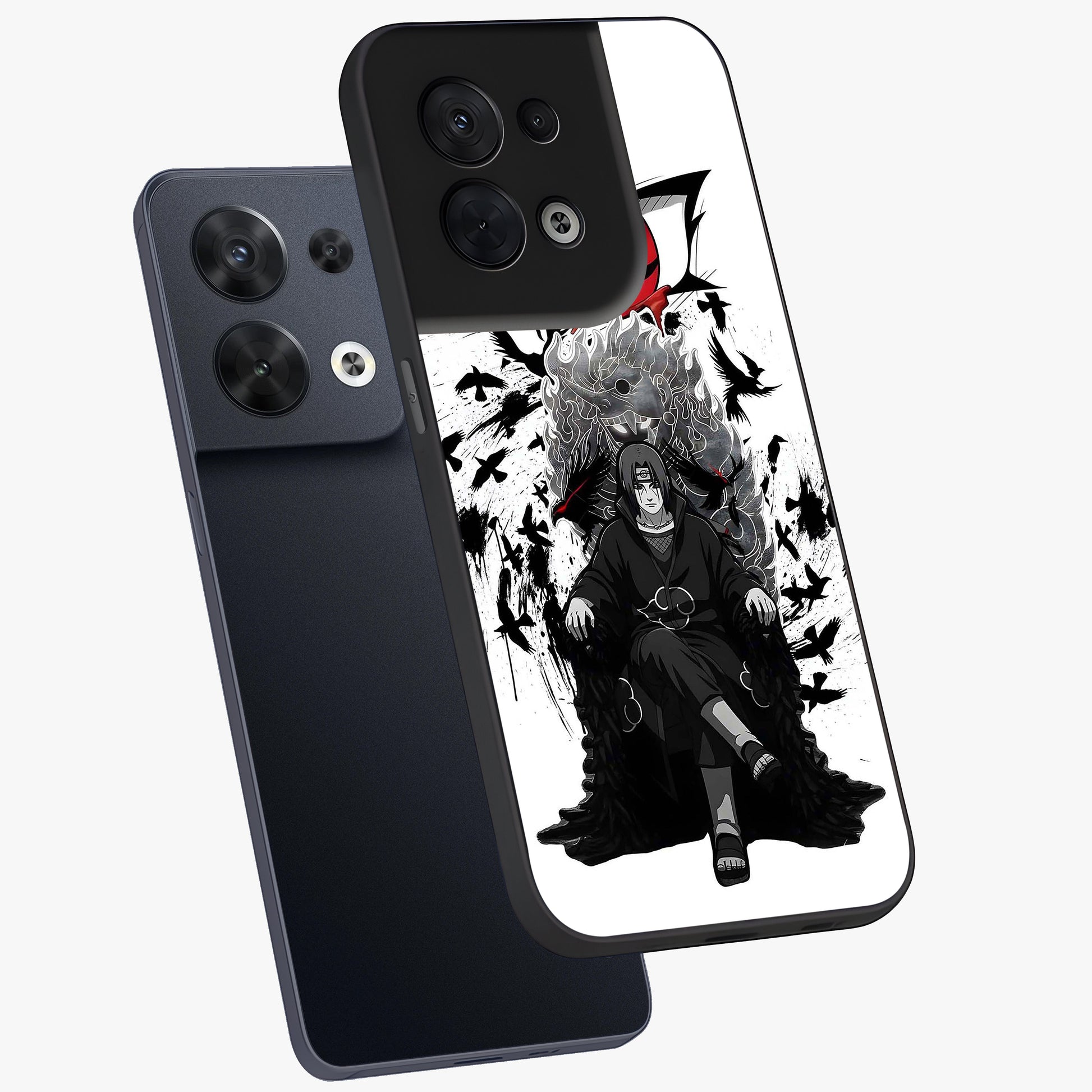 Uchiha Shadow Throne Glass Case displayed in angled mockup highlighting glowing aquatic design with celestial aesthetic.